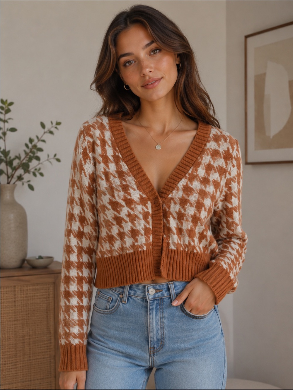 525 America - Cropped Houndstooth V-Neck Cardigan Sweater - Medium